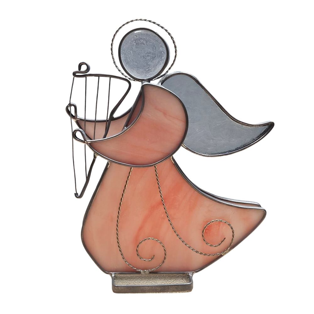 VTG Pink Stained Glass Angel Playing Harp Tabletop Figurine 7.25" Suncatcher